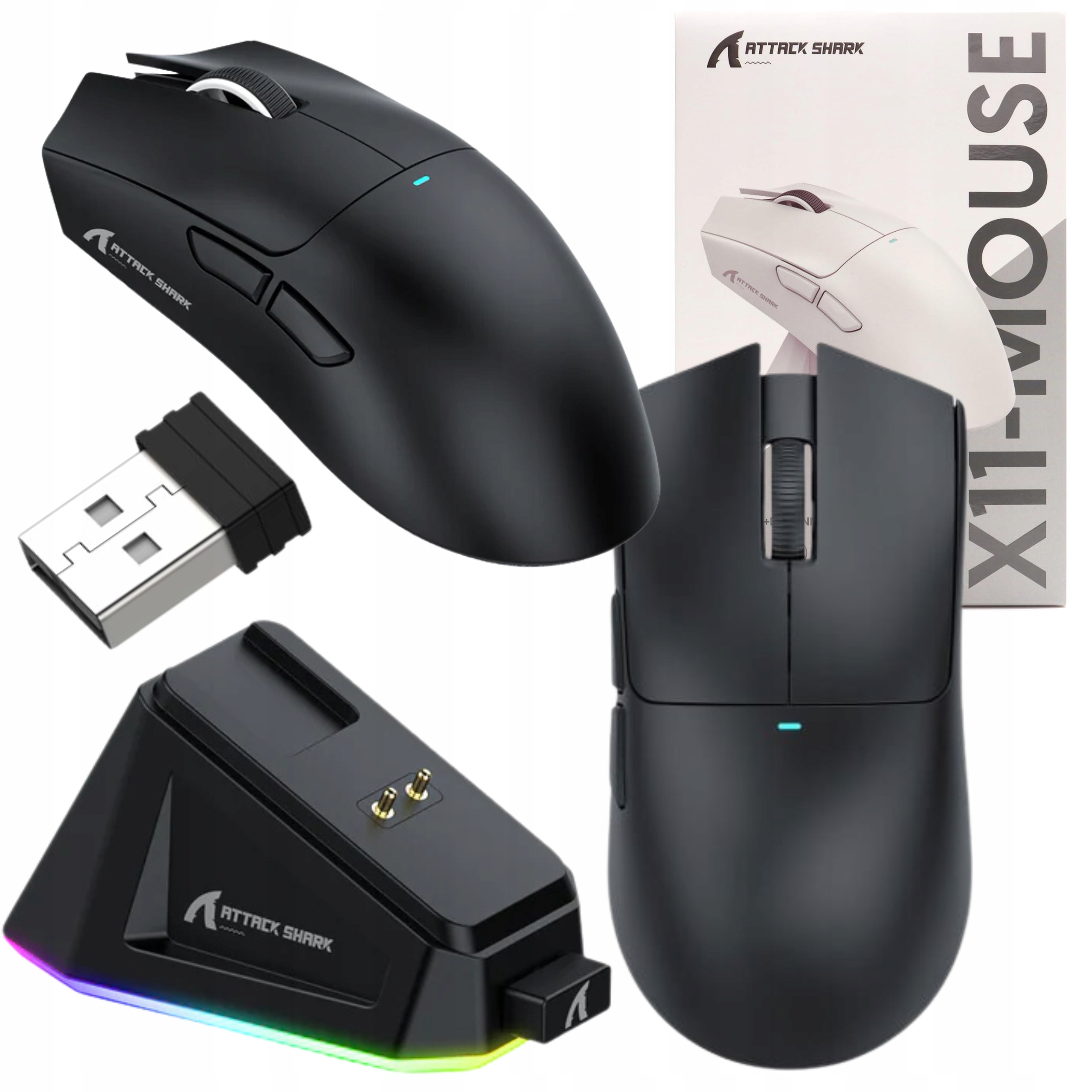 Czarna mysz bezprzewodowa Attack Shark X11 umieszczona na magnetycznej stacji ładującej RGB.